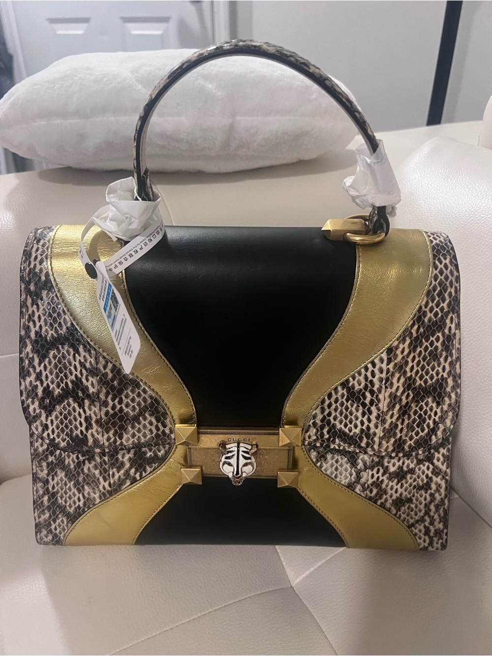 Gucci Black, Gold & Snake-Print Top Handle Bag